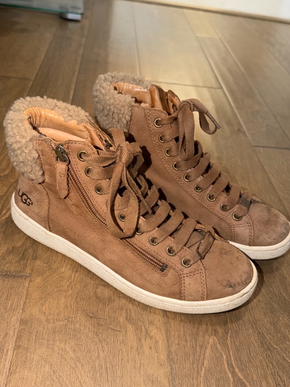 UGG Women's Pure Leather Lace Up Zipper Sneaker Boot with Wool Fur